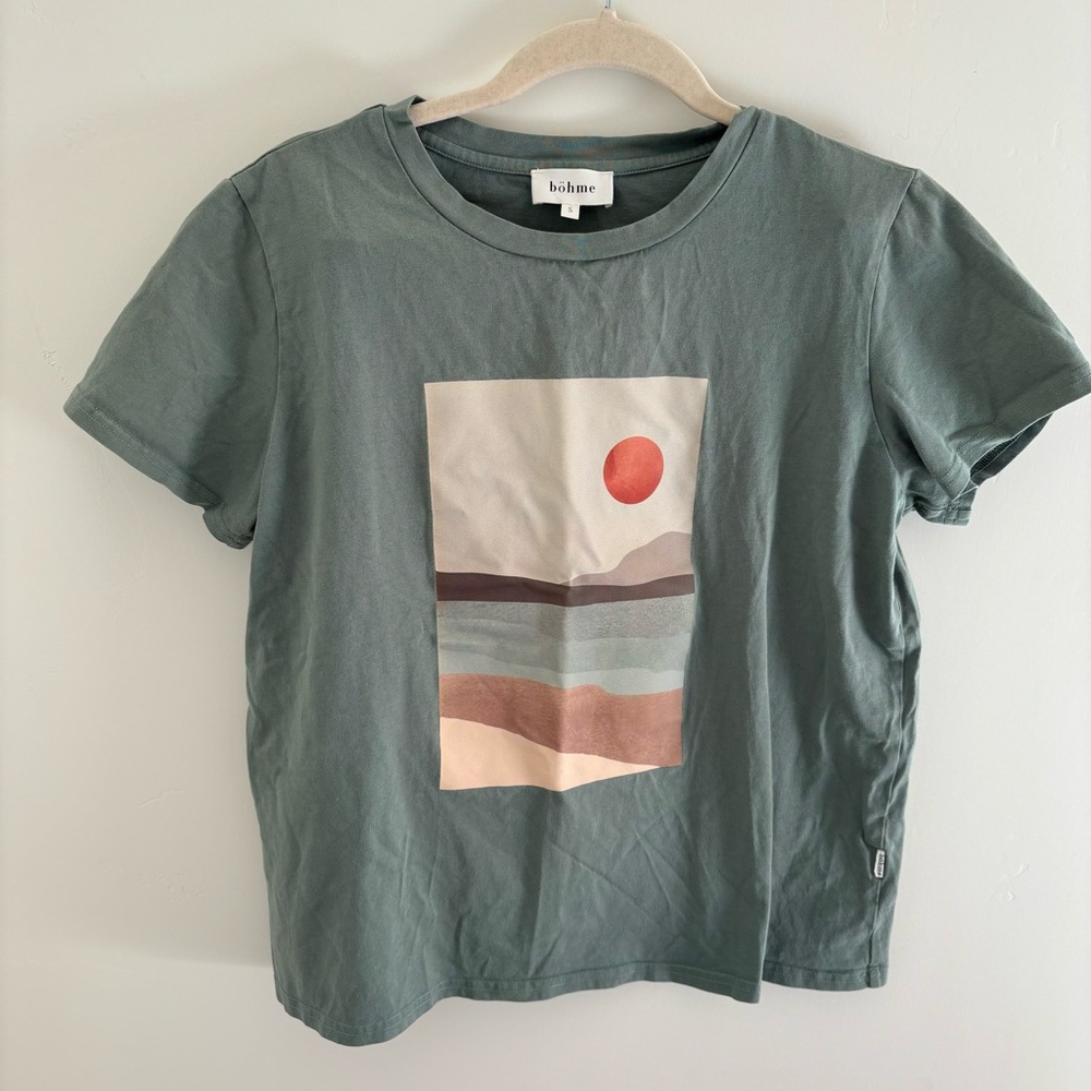 bohme Sage Green Graphic Sunset Tee with Coral Accent